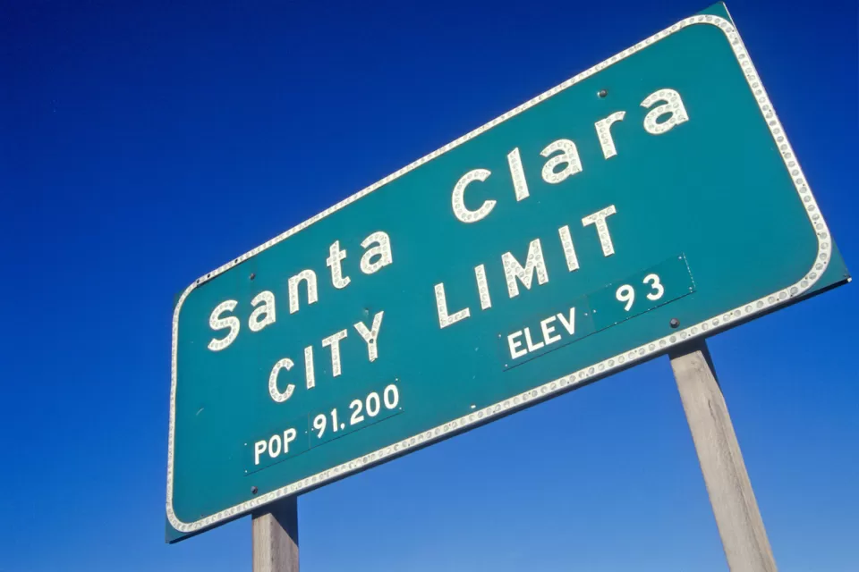 Roadside city limit sign for Santa Clara, California.